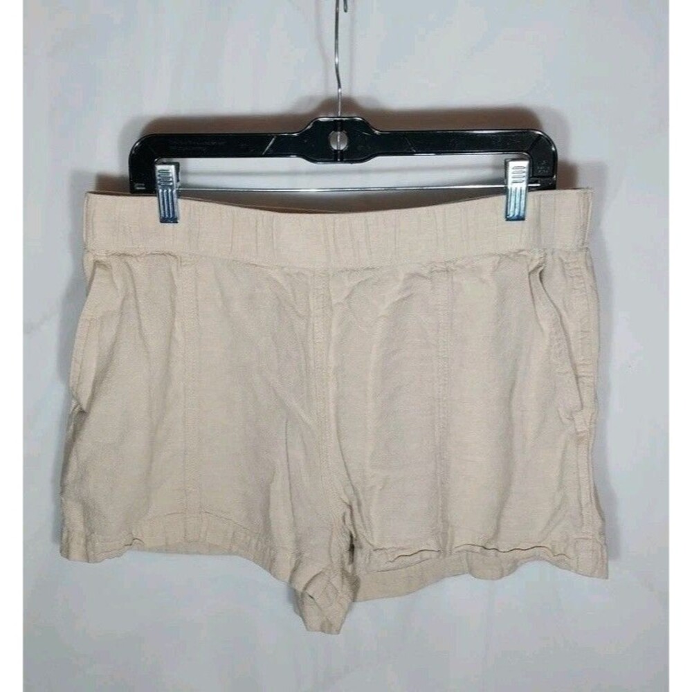 Falls Creek Linen Rayon Shorts Womens L Beige Pull On Elastic Waist Pockets